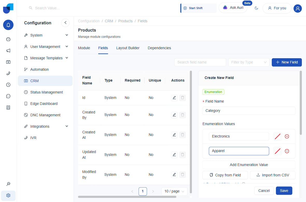 Add Enumeration Value, Copy from Field, Import from CSV controls
