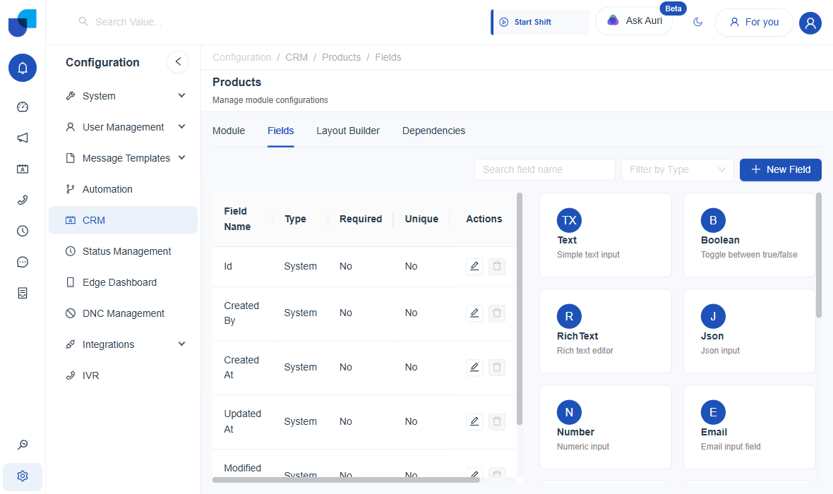 Field type gallery showing Text, Boolean, Rich Text, Json, Number, Email cards