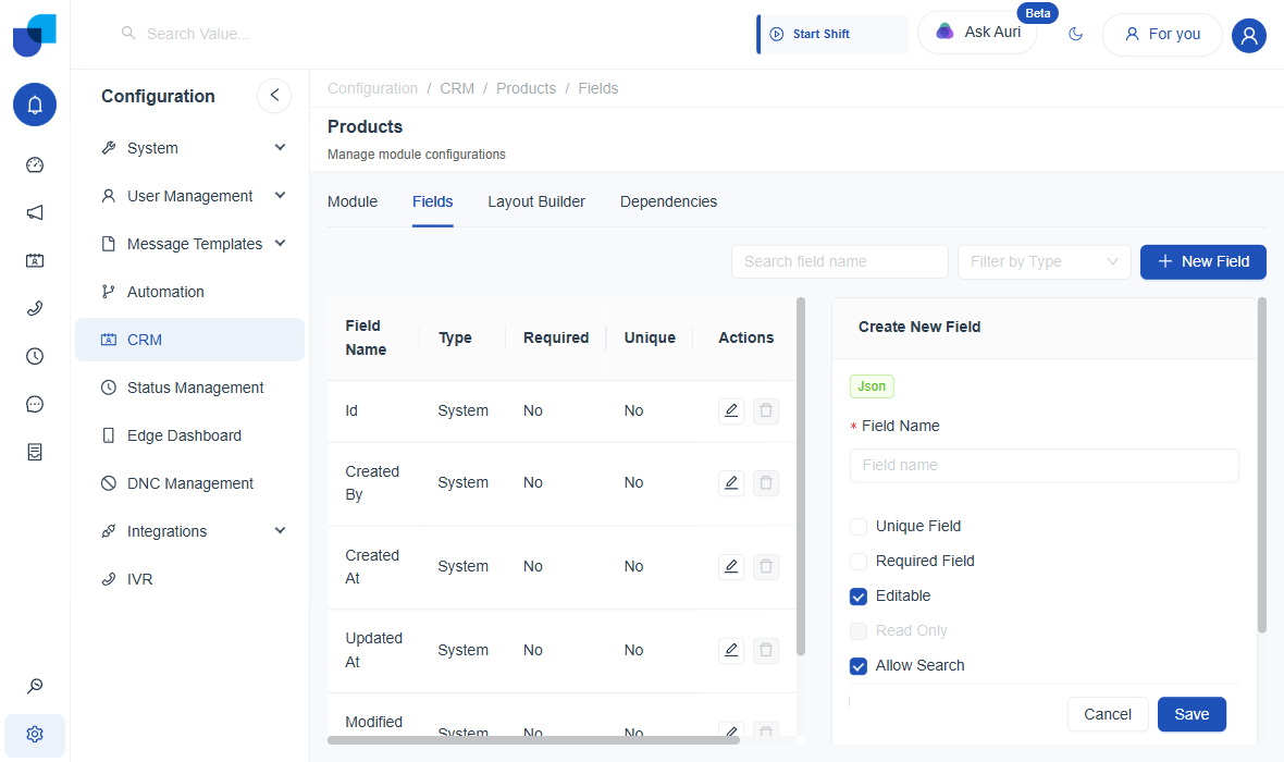 Json field creation panel