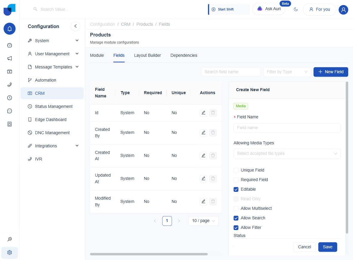 Media field creation panel with Allowing Media Types dropdown