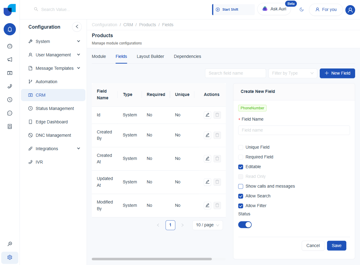 PhoneNumber field creation panel