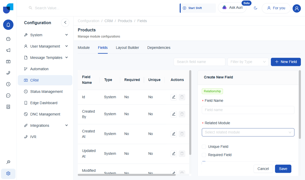 Relationship field creation panel before a Related Module is chosen