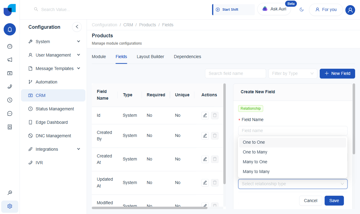 Relationship Type dropdown open showing One to One, One to Many, Many to One, Many to Many