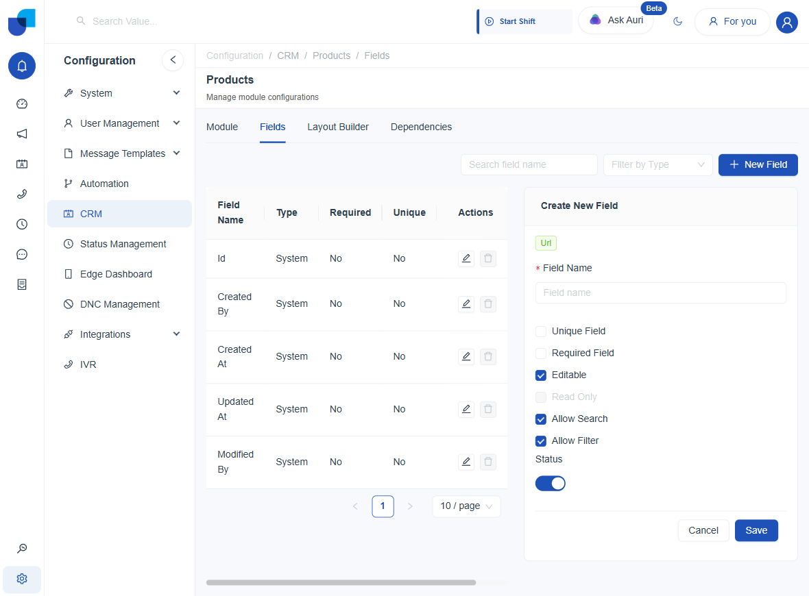 Url field creation panel