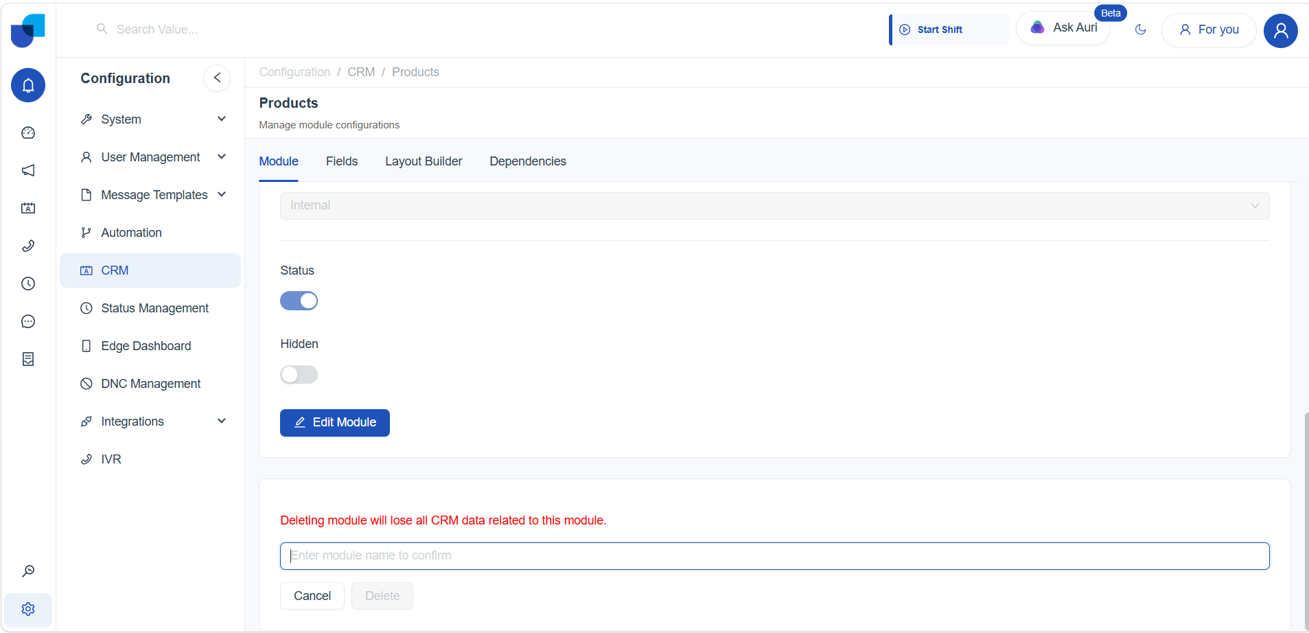 Delete confirmation panel on the Products module, with a warning that deleting the module loses all related CRM data, a text field to type the module name to confirm, and Cancel and Delete buttons