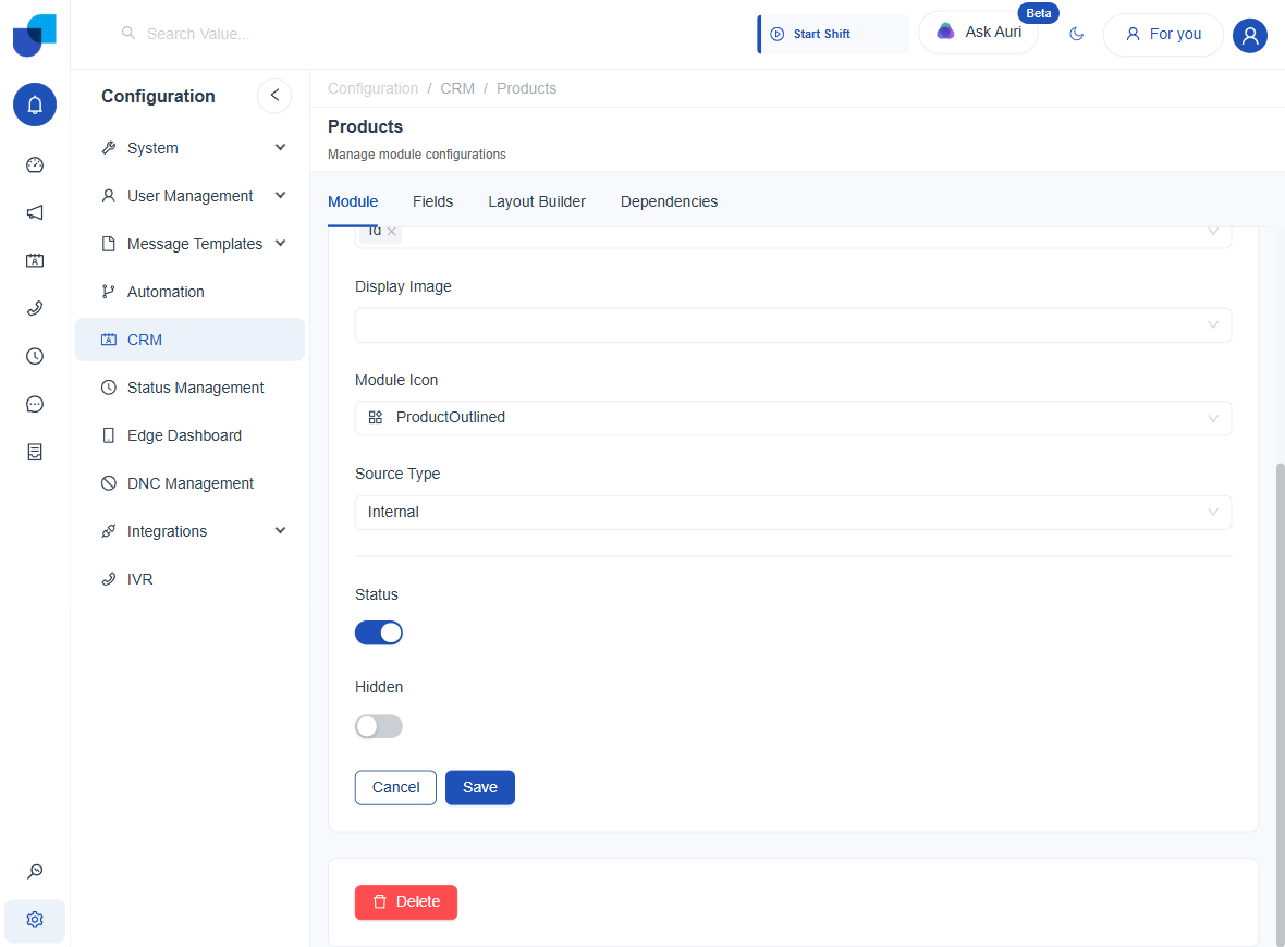 Products module in edit mode, with Module Name, Description, Display Fields, Module Icon, Source Type, Status, Hidden, and Cancel/Save all live