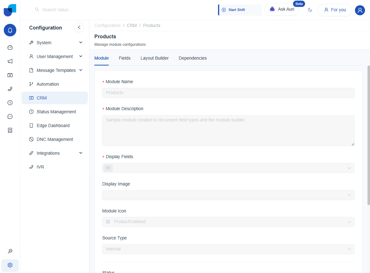 Products module opened in read-only view with all fields greyed out and Edit Module and Delete buttons at the bottom