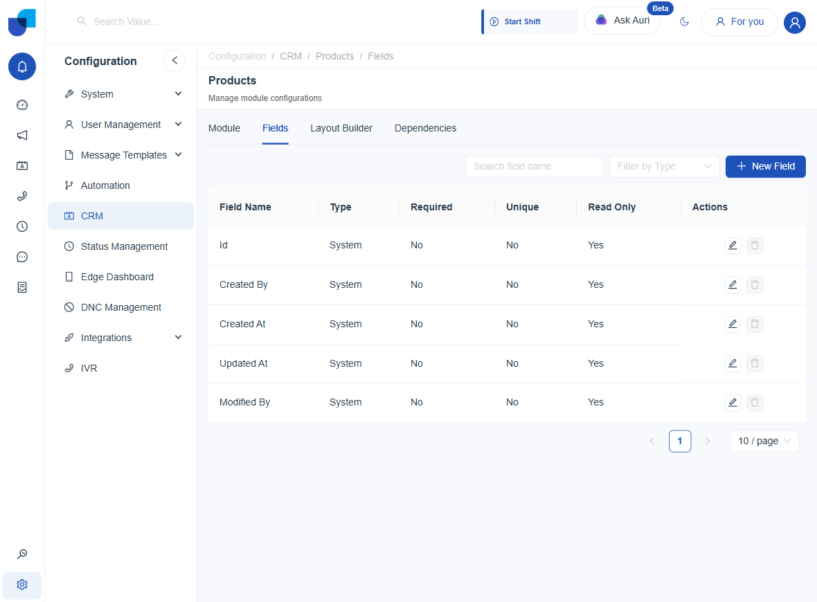 Products module Fields tab showing the System fields in a read-only list