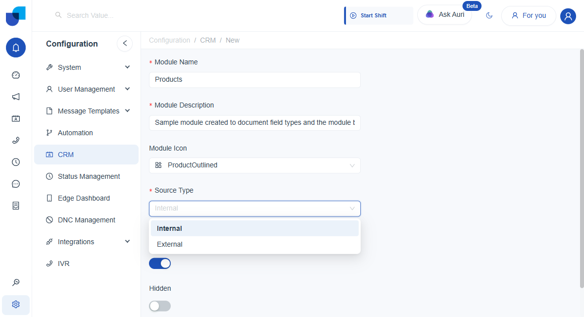 Source Type dropdown open on a new module form, showing Internal and External options