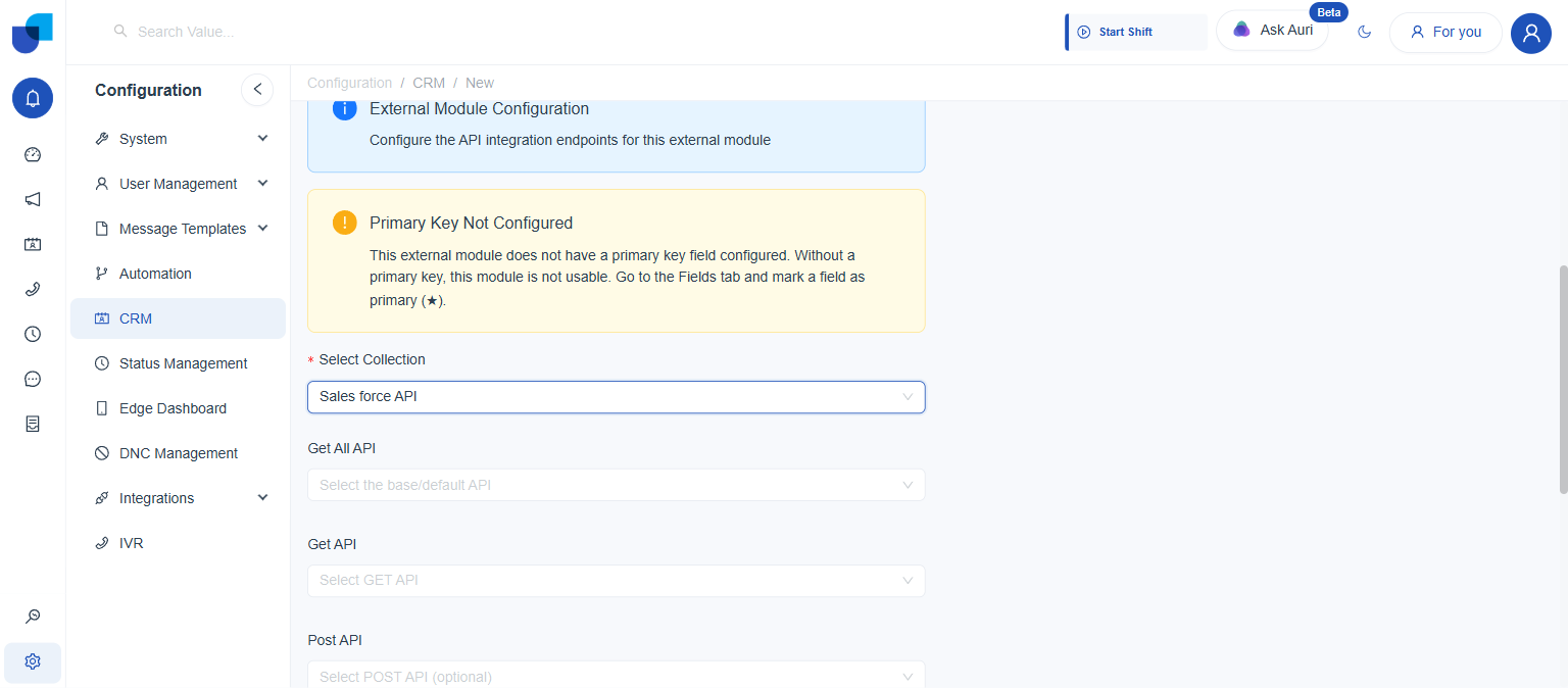 Select Collection set to Sales force API, revealing Get All API, Get API, and Post API endpoint dropdowns
