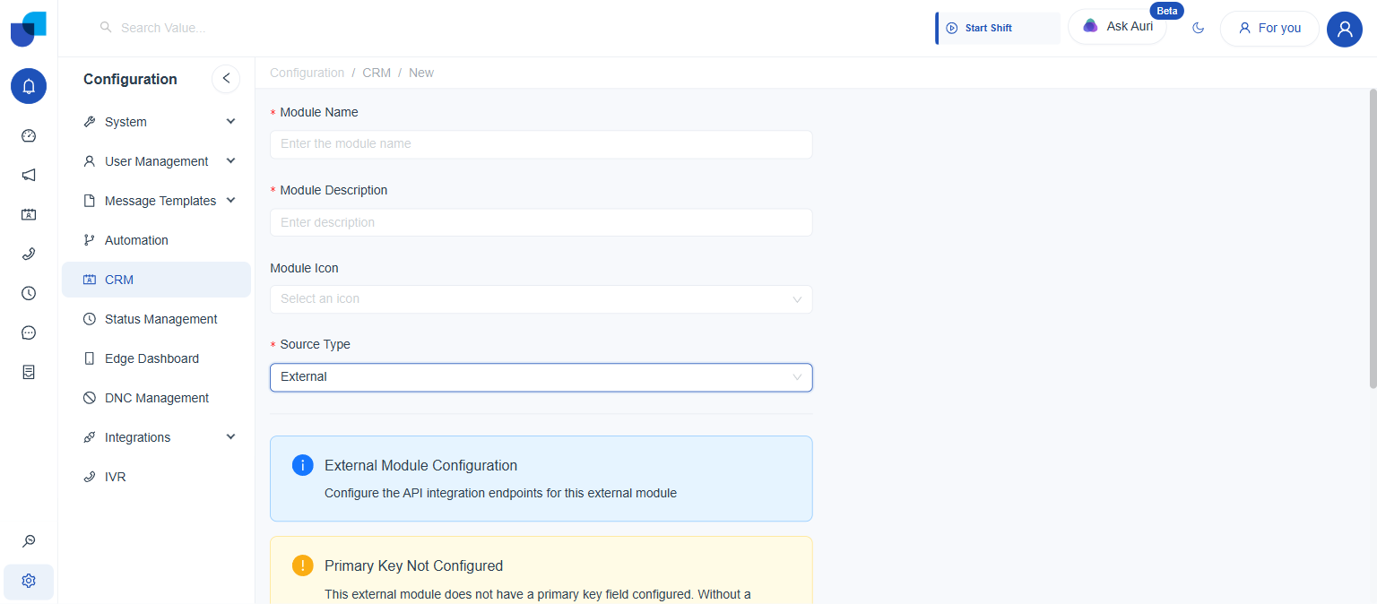 New module form with External selected as Source Type, showing the External Module Configuration notice and a Primary Key Not Configured warning