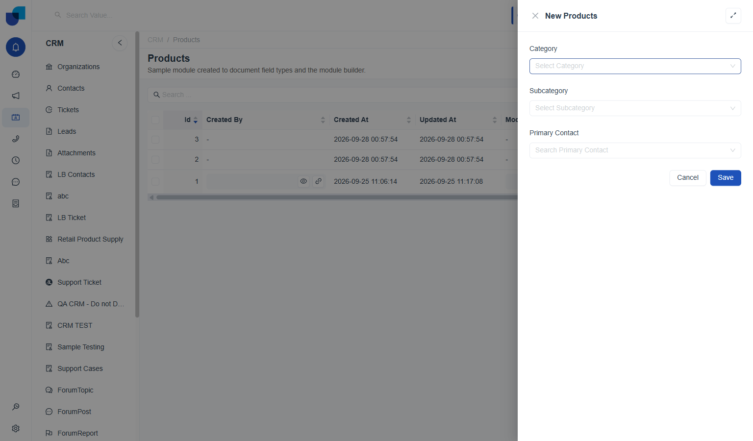 New Products panel open with empty Category, Subcategory, and Primary Contact fields, and Cancel and Save buttons