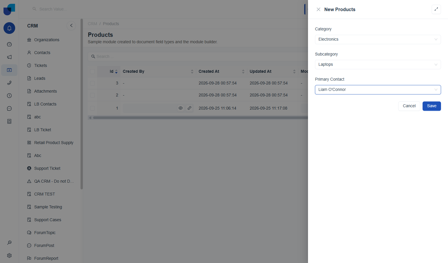 New Products panel with Category set to Electronics, Subcategory automatically set to Laptops, and Primary Contact set to Liam O'Connor