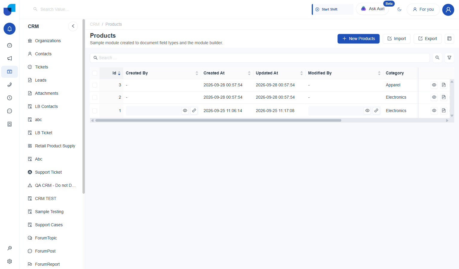 Products list with the deleted record no longer present, back to its earlier set of rows