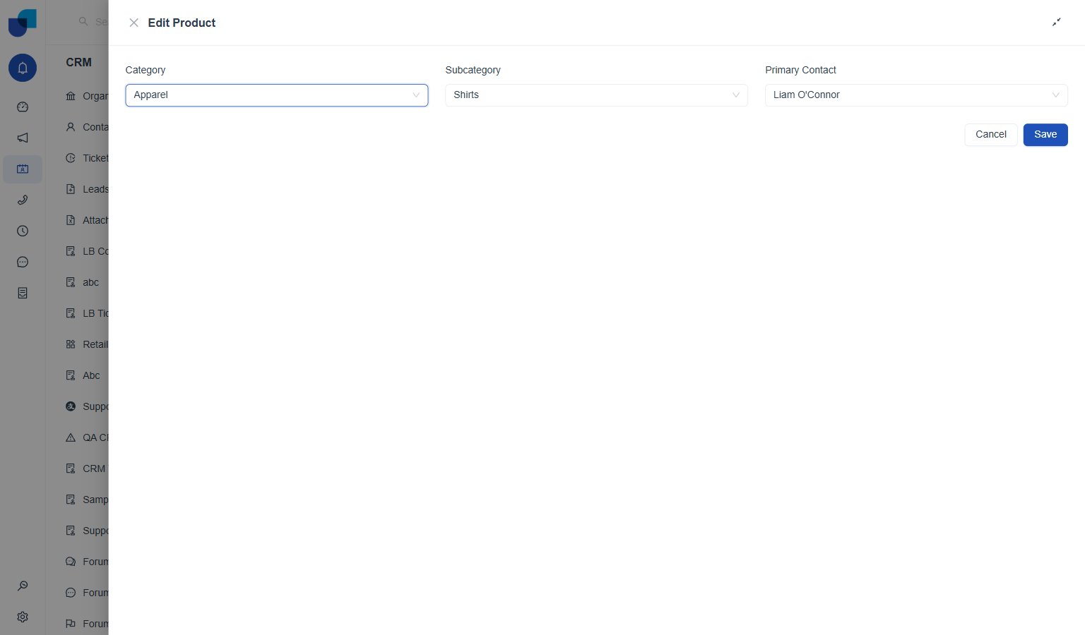 Edit Product panel with Category changed to Apparel and Subcategory automatically updated to Shirts