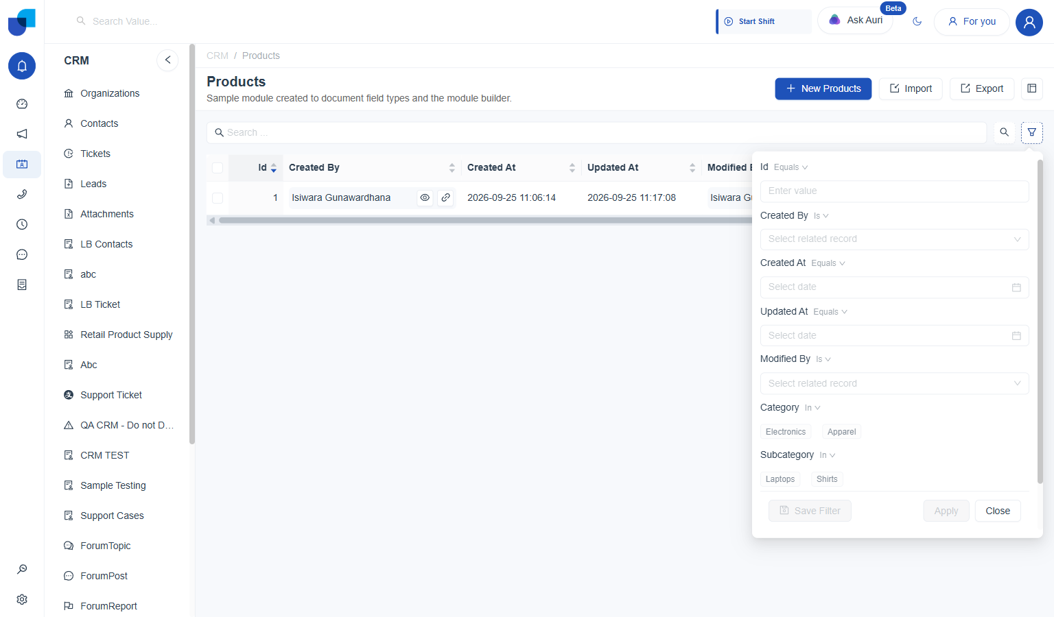 Filter panel open on the Products list, listing every field with its own comparison operator, Save Filter and Apply buttons both disabled