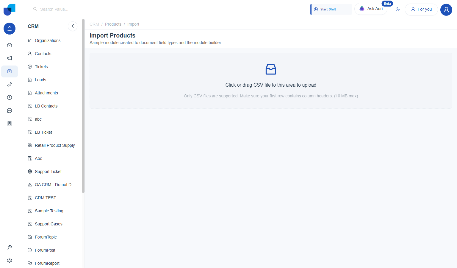 Import Products page with an empty upload area reading Click or drag CSV file to this area to upload, only CSV files are supported, 10 MB max