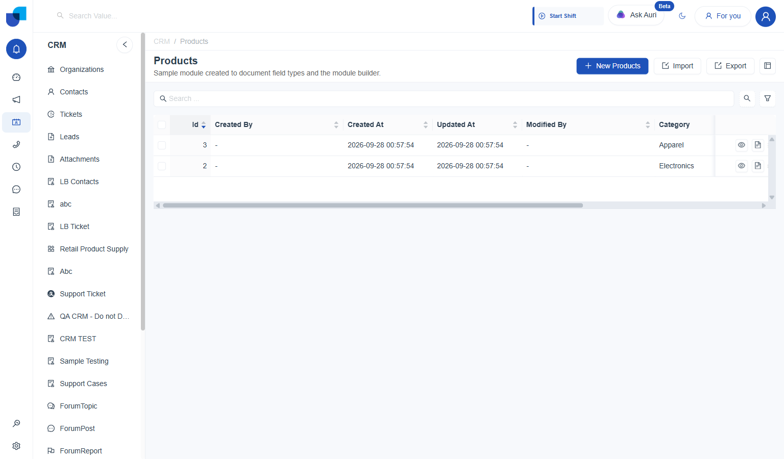 Products list showing two newly imported rows, Apparel and Electronics, added by the import