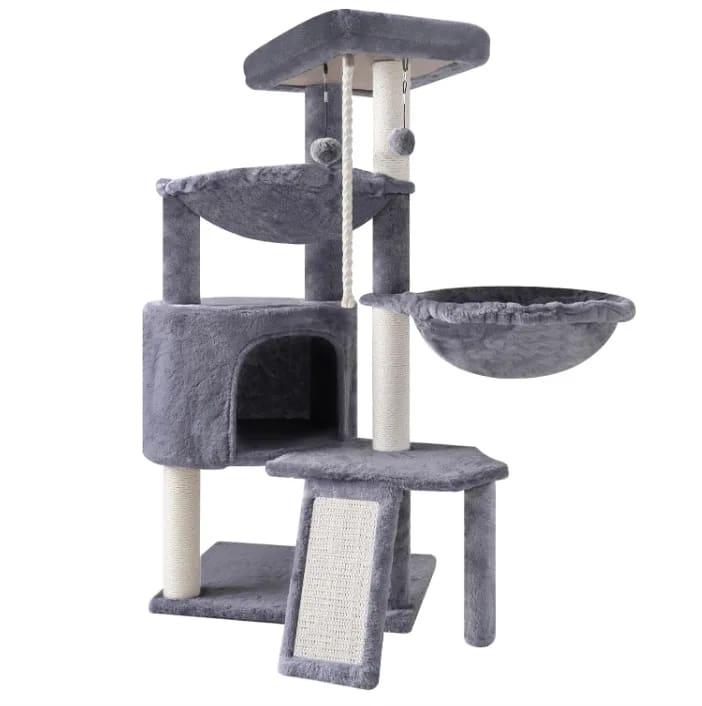 Three Layer Cat Tree with Cat Condo Scratch Pad and Two Hammocks,Grey