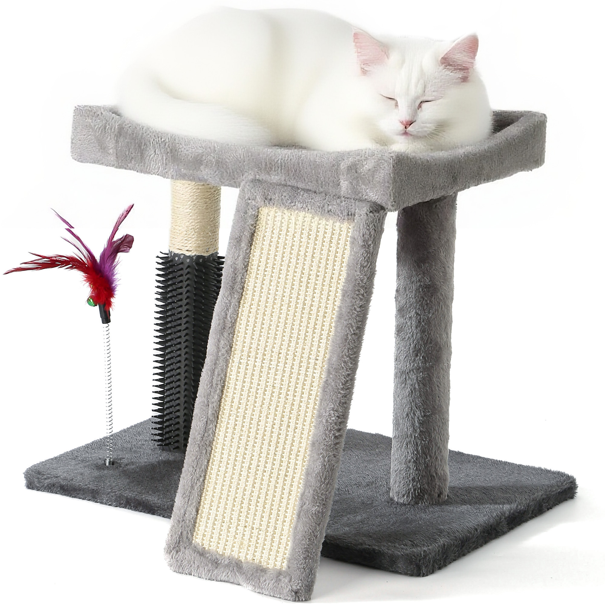 Small Cat Tree with Soft Plush Top Perch, Natural Sisal Scratching Posts, L-Shaped Sisal Scratching Ramp