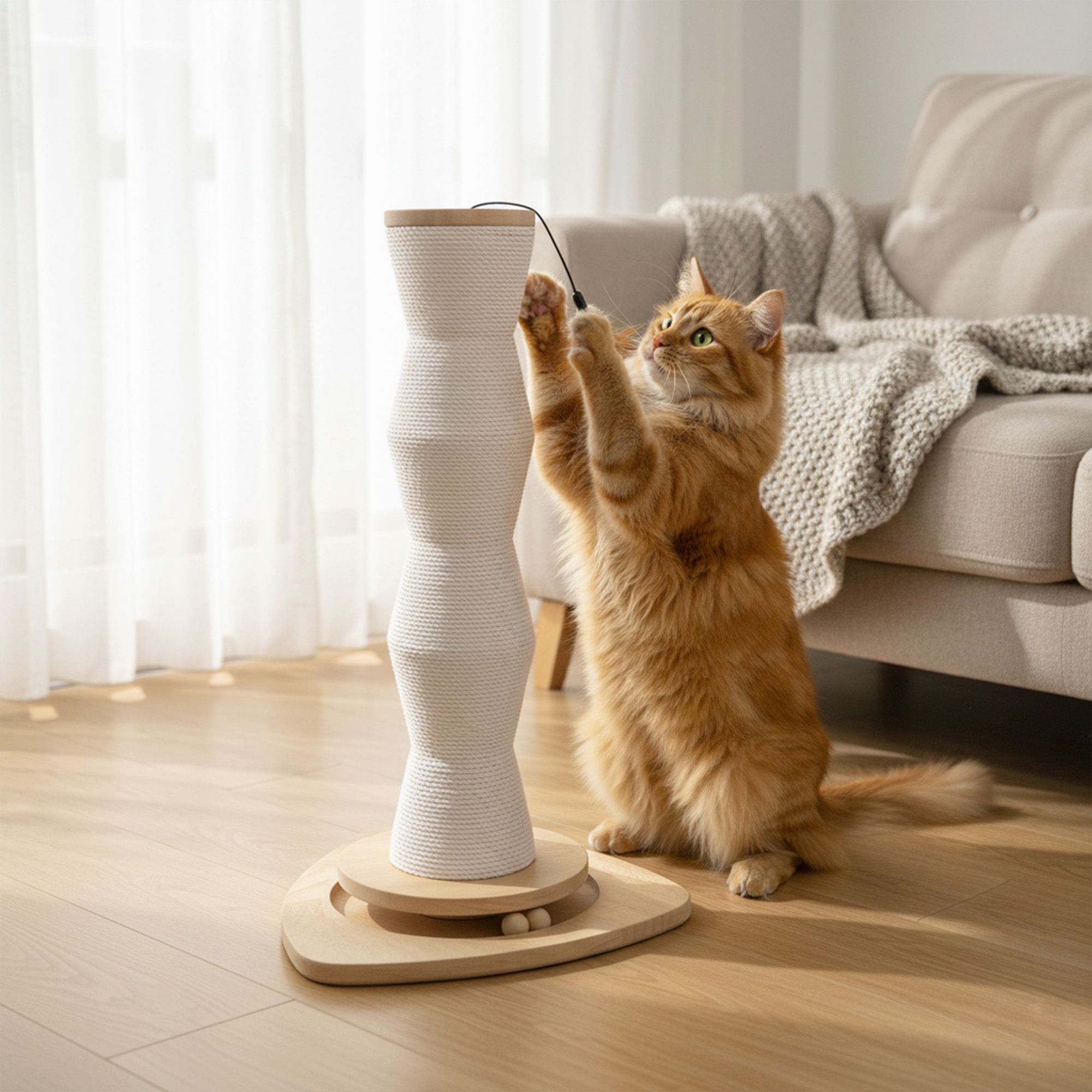 Modern Sisal Cat Scratching Post with Interactive Track Toy & Feather Teaser