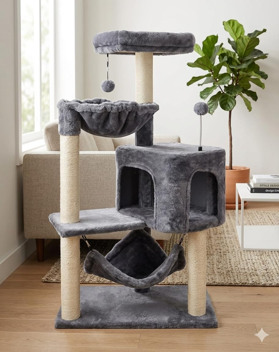 Cat Tree with Cat Condo and Big Hammock, Grey