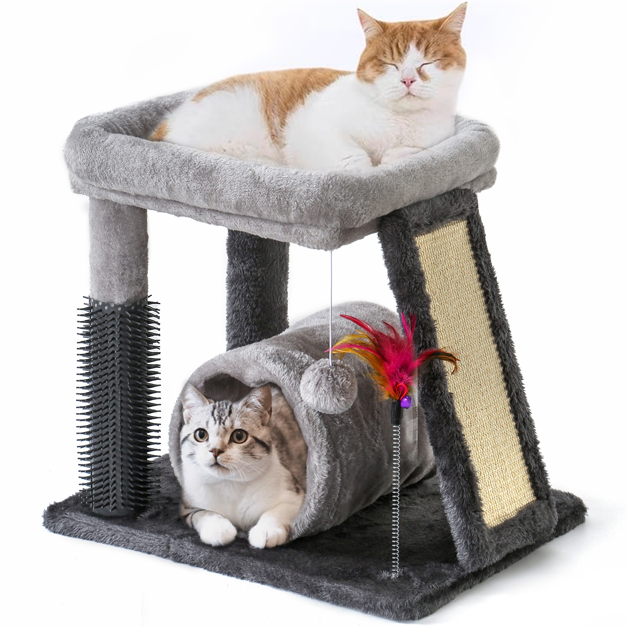 All-In-One Compact Cat Play Tower | Cozy Plush Top Rest Perch + Semi-Enclosed Cat Tunnel