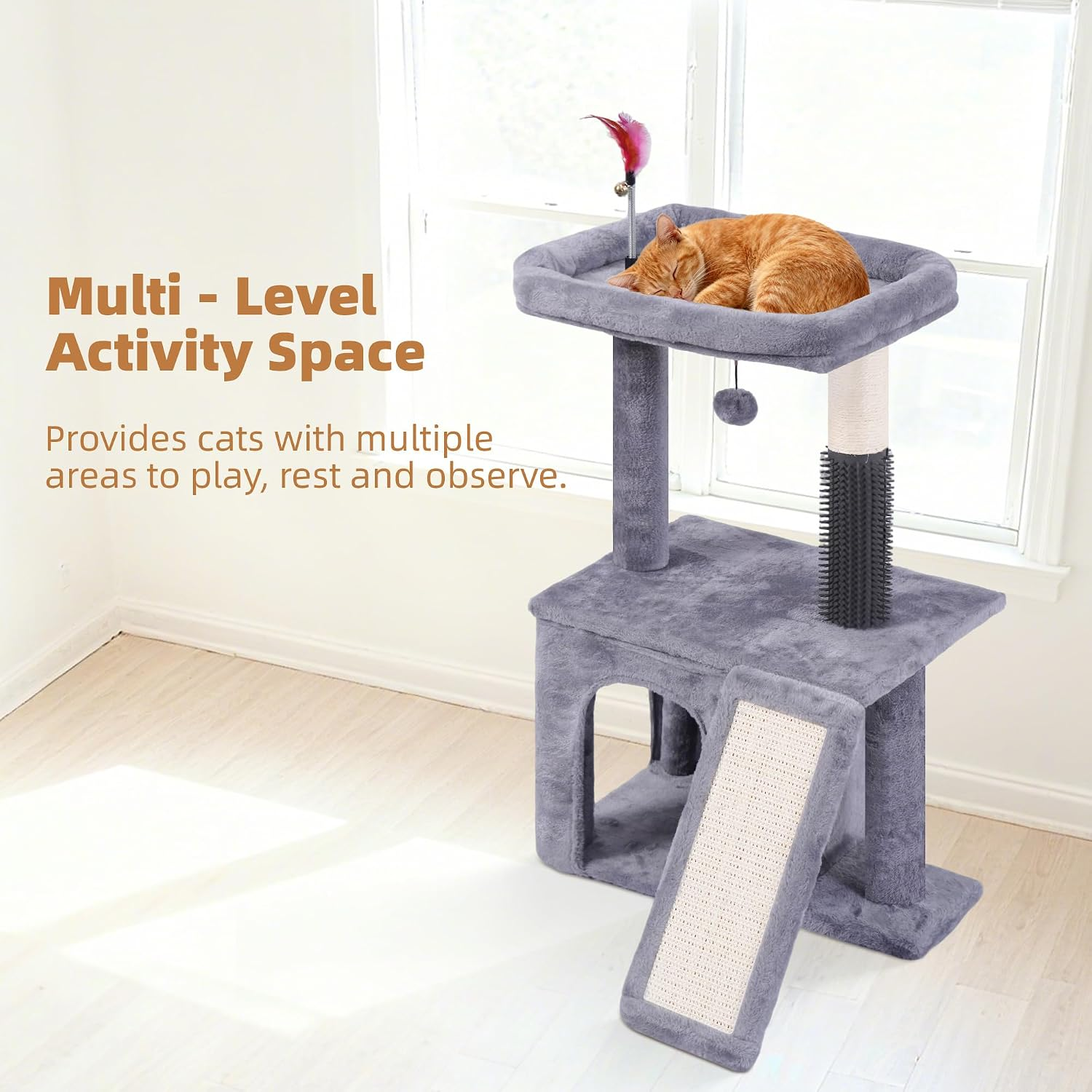 Cat Tree with Self-Grooming Brush and Interactive Toys
