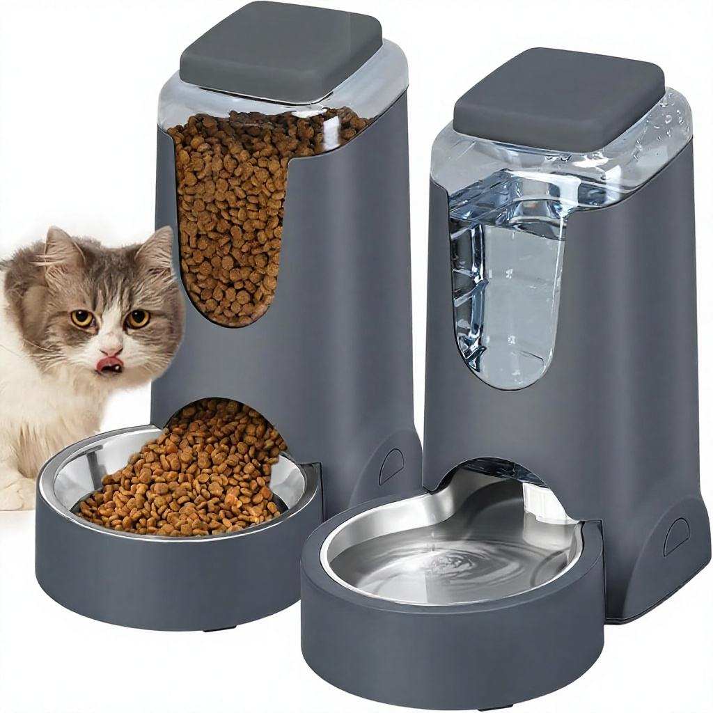 1 Gallon Dual Gravity Automatic Pet Feeder Water Dispenser Nonslip Stainless Steel Bowls for Small/Medium