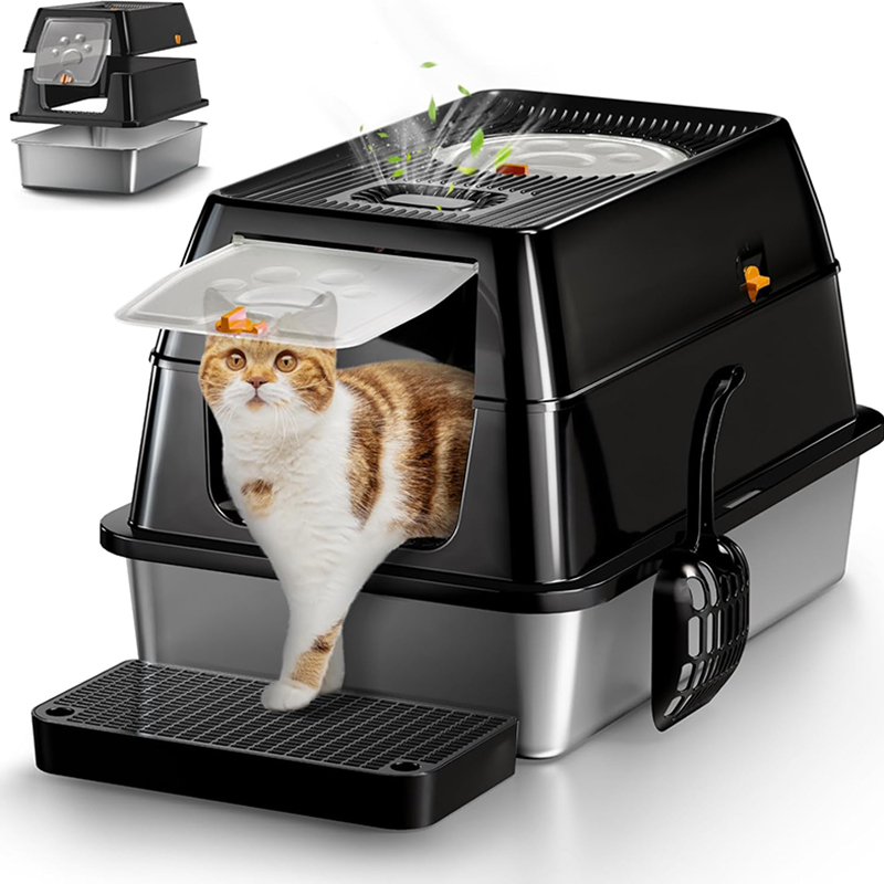Extra Large Enclosed High Sided Cat Litter Box Stainless Steel Cat Litter Box with Lid