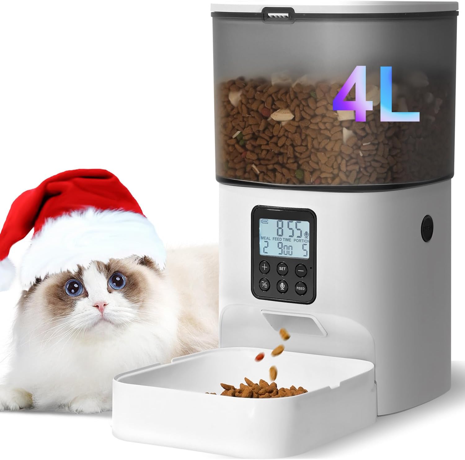 4L Stainless Steel Automatic Pet Feeder Timed Dry Food Dispenser Sealed Ring 10s Voice Recorder 8 Meals Daily for Cats Small