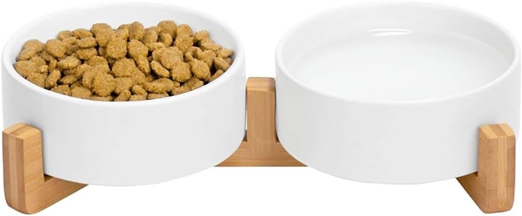 Ceramic Cat and Small Dog Bowl Set – Modern Indoor Small Size Pet Food and Water Bowls with Wood Stand – Non Slip Puppy Sized Feeding Station with Double Dishes (White)