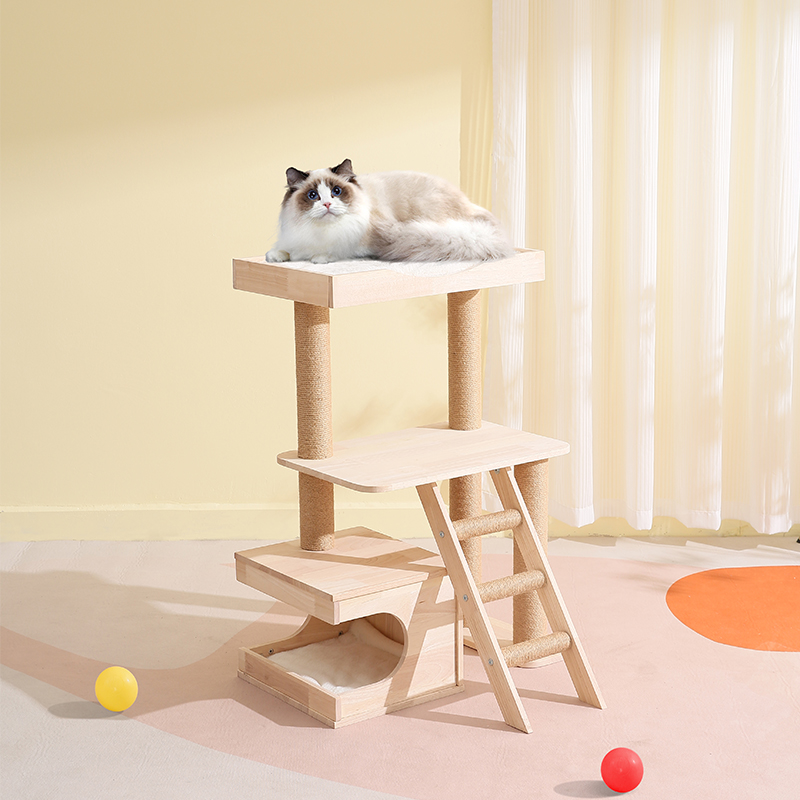 Solid Wood Cat Tree with Natural Sisal Scratching Posts, Sturdy Cat Condo House with Side Ladder, Multi-Level Cat Activity Tower