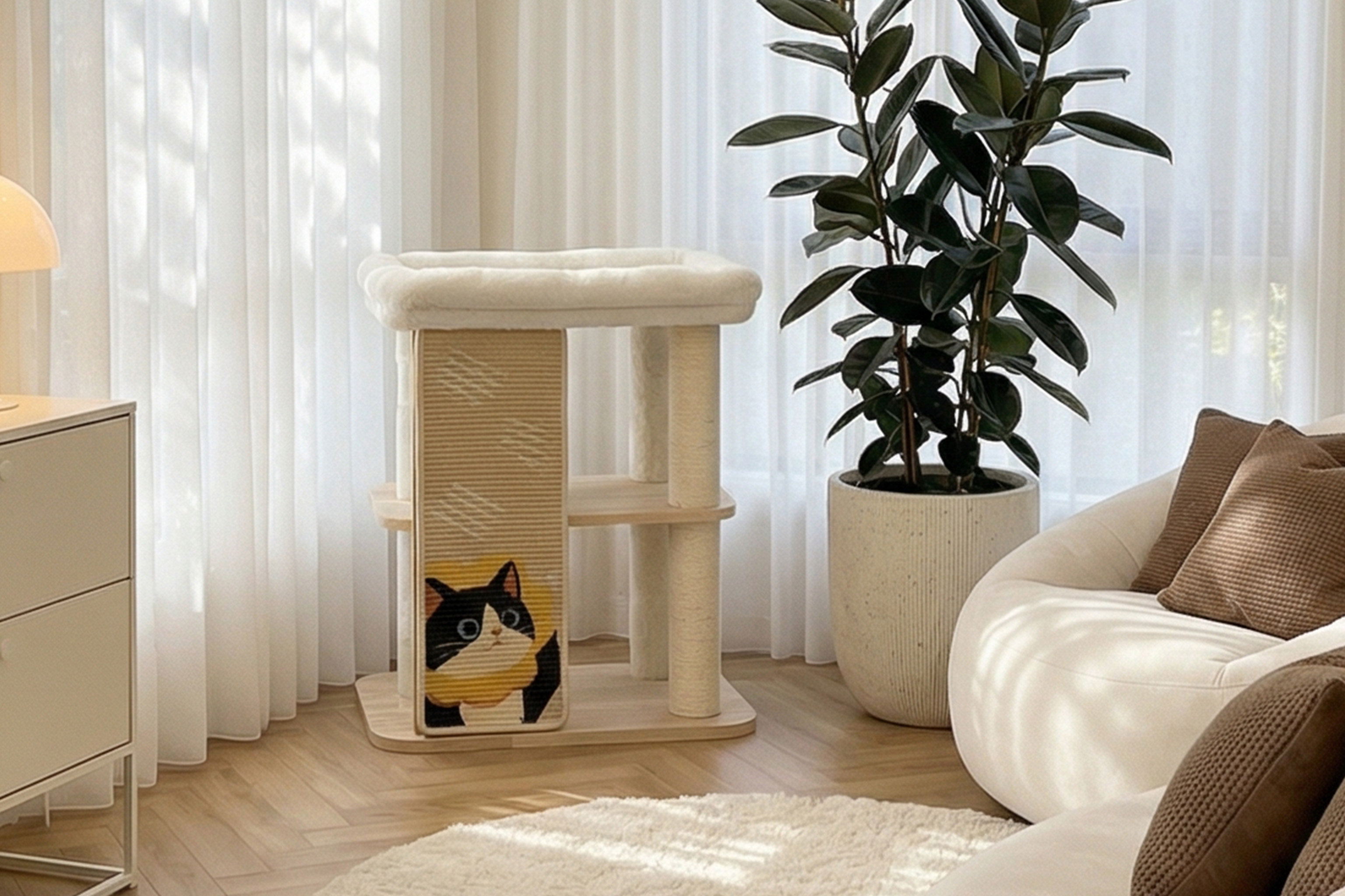 Solid wood sisal Cute Cartoon Cat Tree Tower with Scratching Board