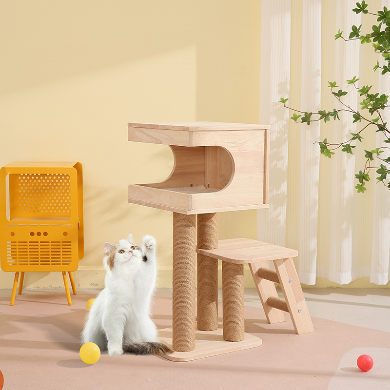 Premium Solid Wood Cat Tower Modern Minimalist Cat Condo with Full Sisal Wrapped Scratching Post