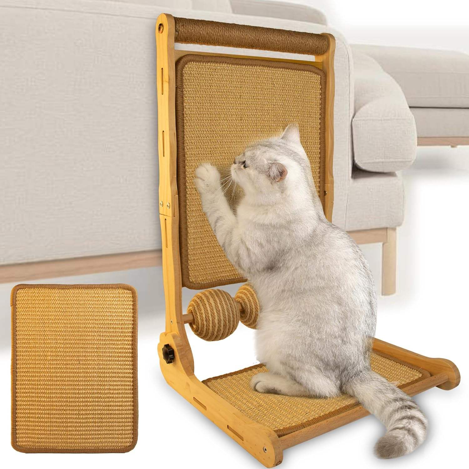 Natural Color Interactive Wood L Shape cat Scratch Board Exercise Toy with Sisal Carpet
