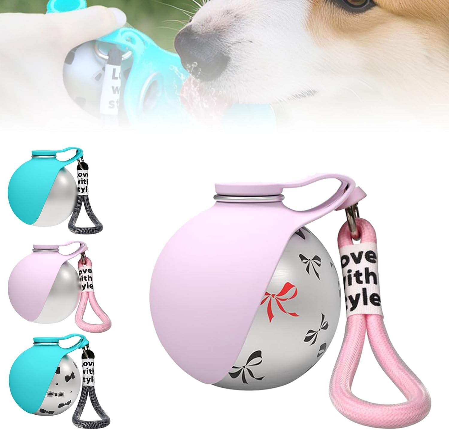 Dog Water Bottle 2-in-1 Portable Foldable Stainless Steel Spherical with Foldable Bowl for Walking Hiking Travel