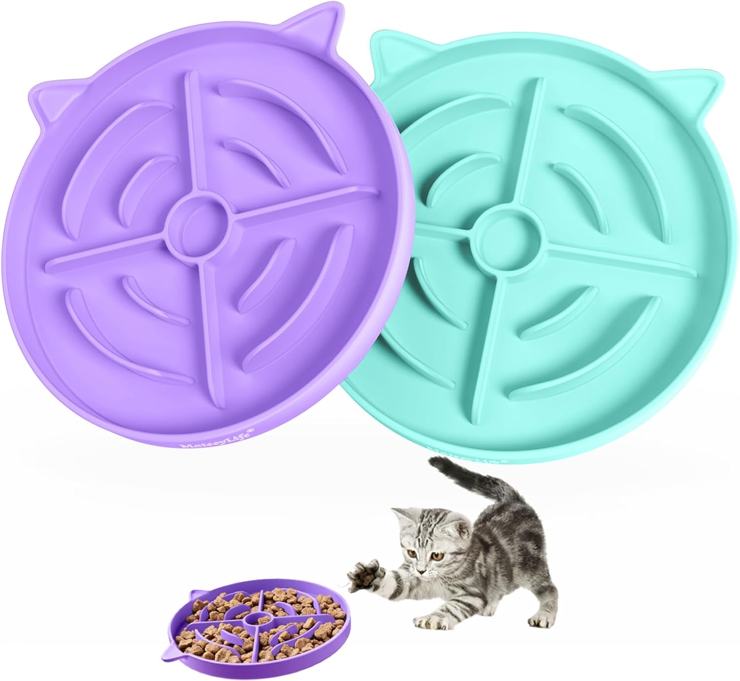 Slow Feeder Cat Bowl, 2 Pcs Cat Puzzle Feeder, Non-Slip Silicone Cat Dish