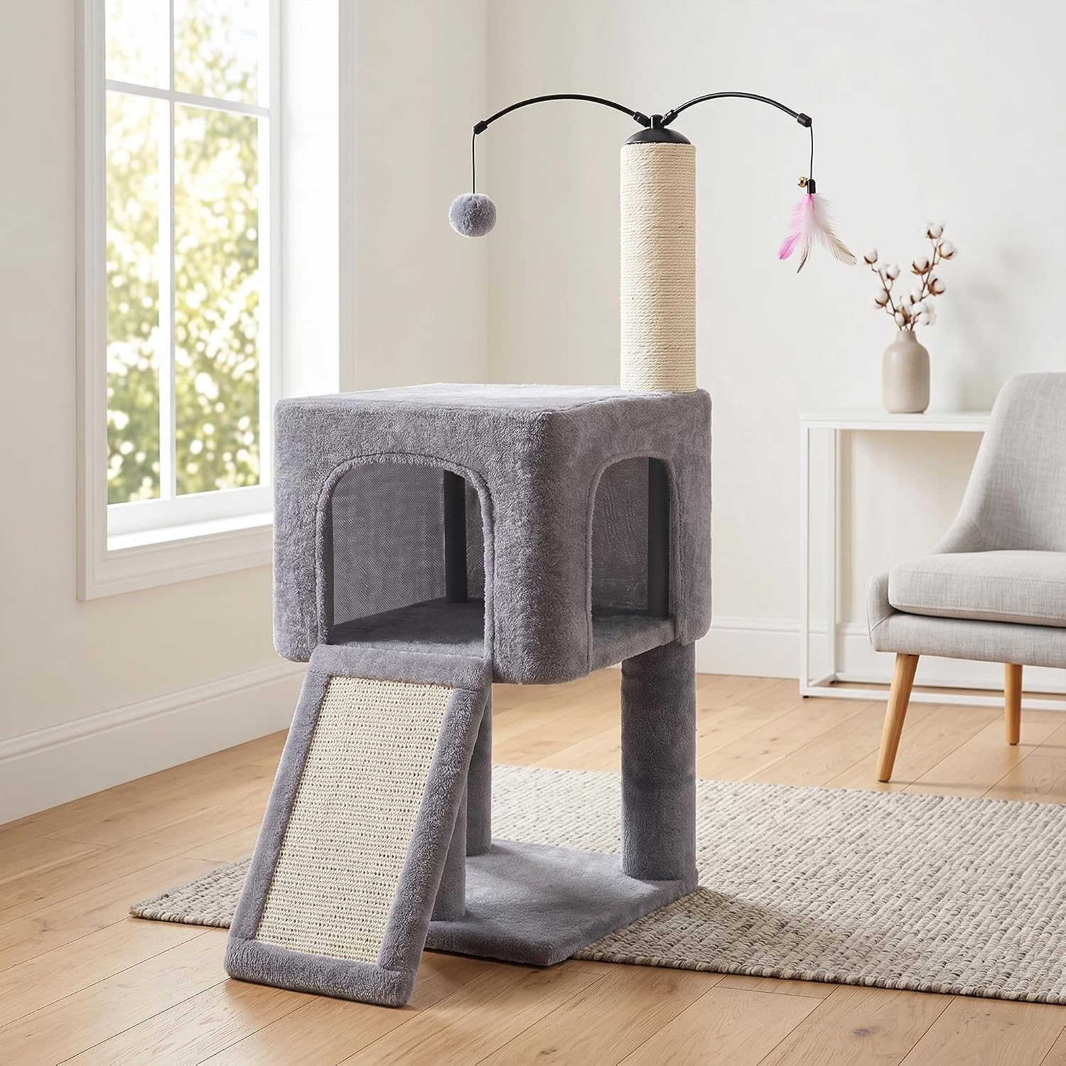 32" Cat Tree for Indoor Cats, 2-in-1 Cat House with Sisal Scratching Post & Ramp