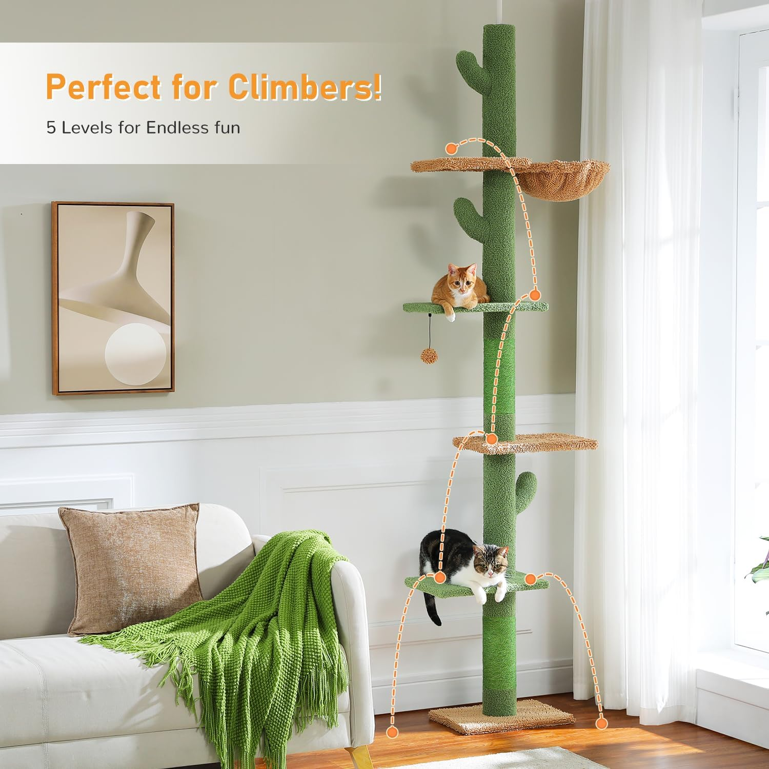 New Cat Tree, Cactus Floor to Ceiling Cat Tower with Adjustable Height(95-108 Inches), 
