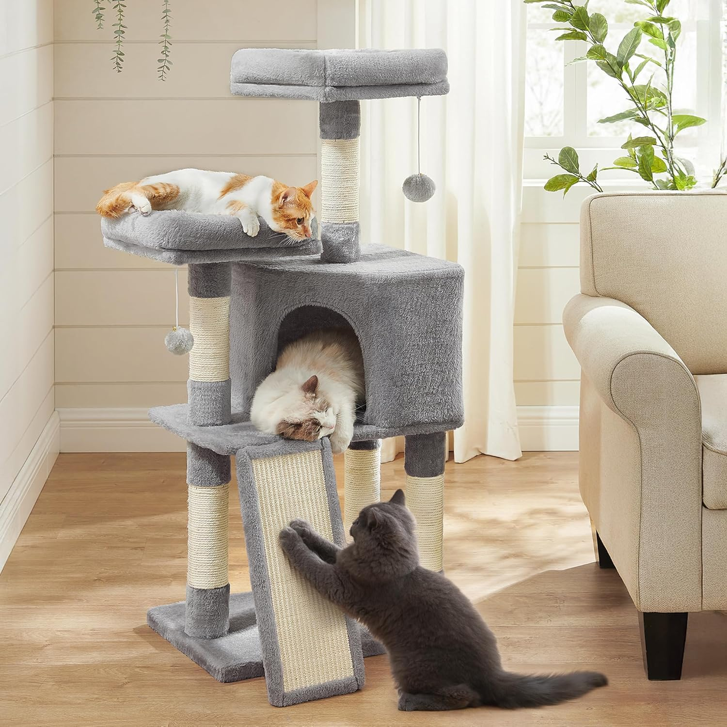 Cat Tree, 45.3-Inch Cat Tower, Cat Scratching Post, Light Gray