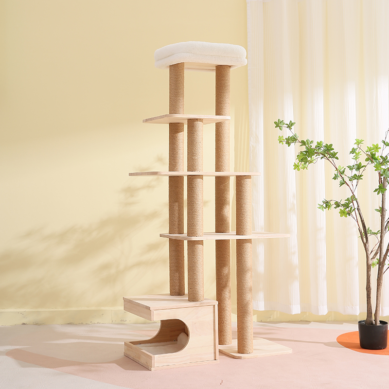 2026 New Solid Wood Cat Tree - Sisal Scratching Post Cat House Ladder Integrated Cat Tower