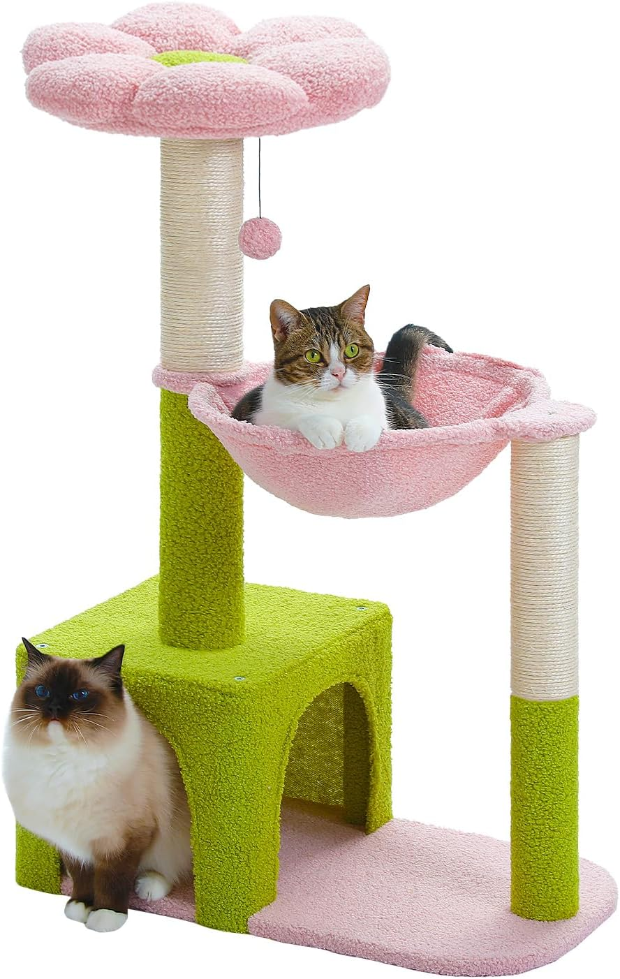 Flower Cat Tree with Large Metal Frame Hammock, 35" Cute Cat Tower