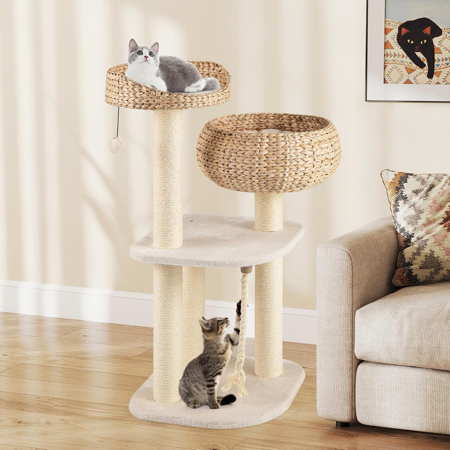 Modern Cat Tree, Tall Cat Tower with Natural Sisal Scratching Post