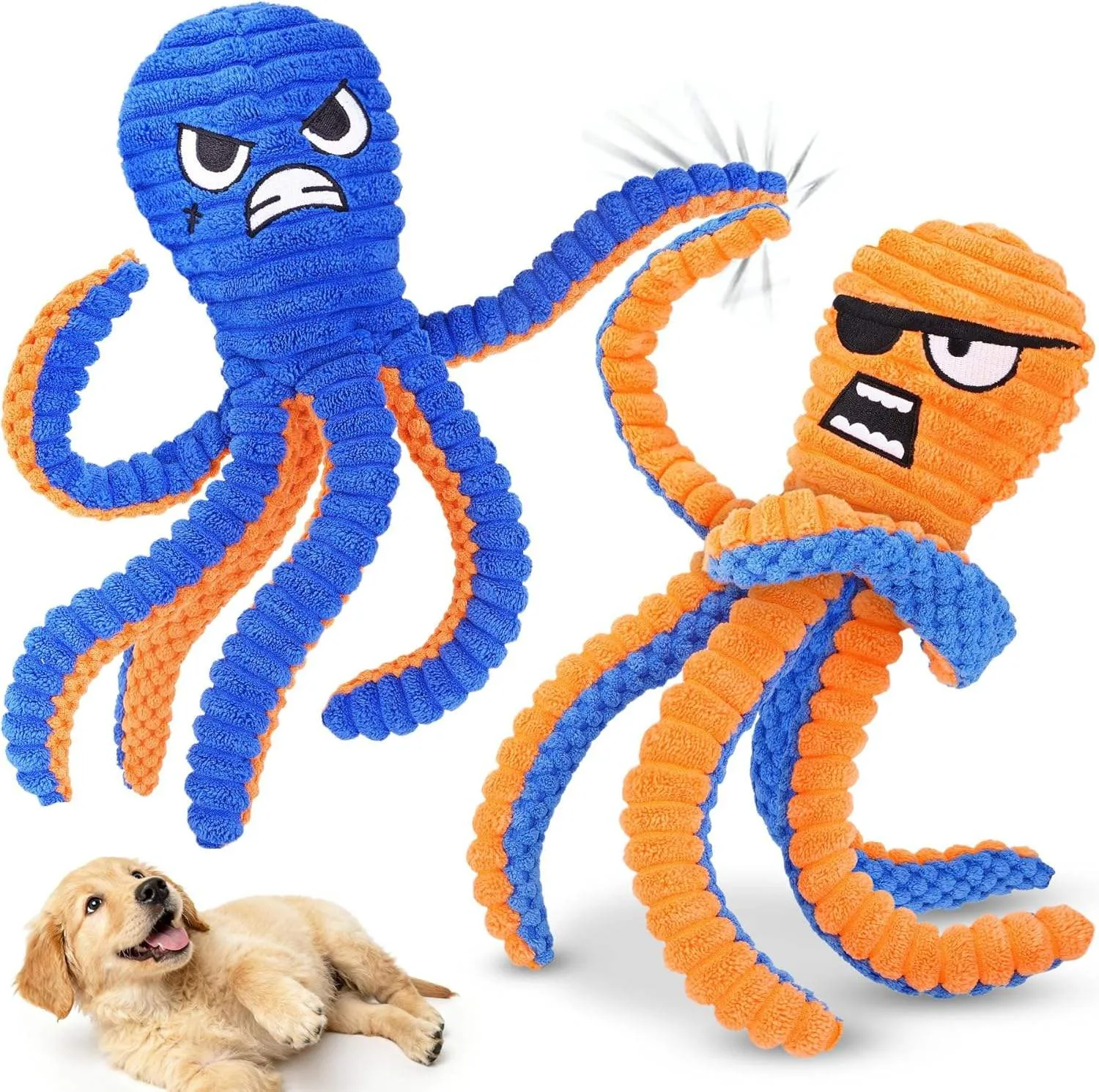 Orange Blue Polyester Custom Interactive Dog Squeaky Plush Octopus Chew Toys Luxury