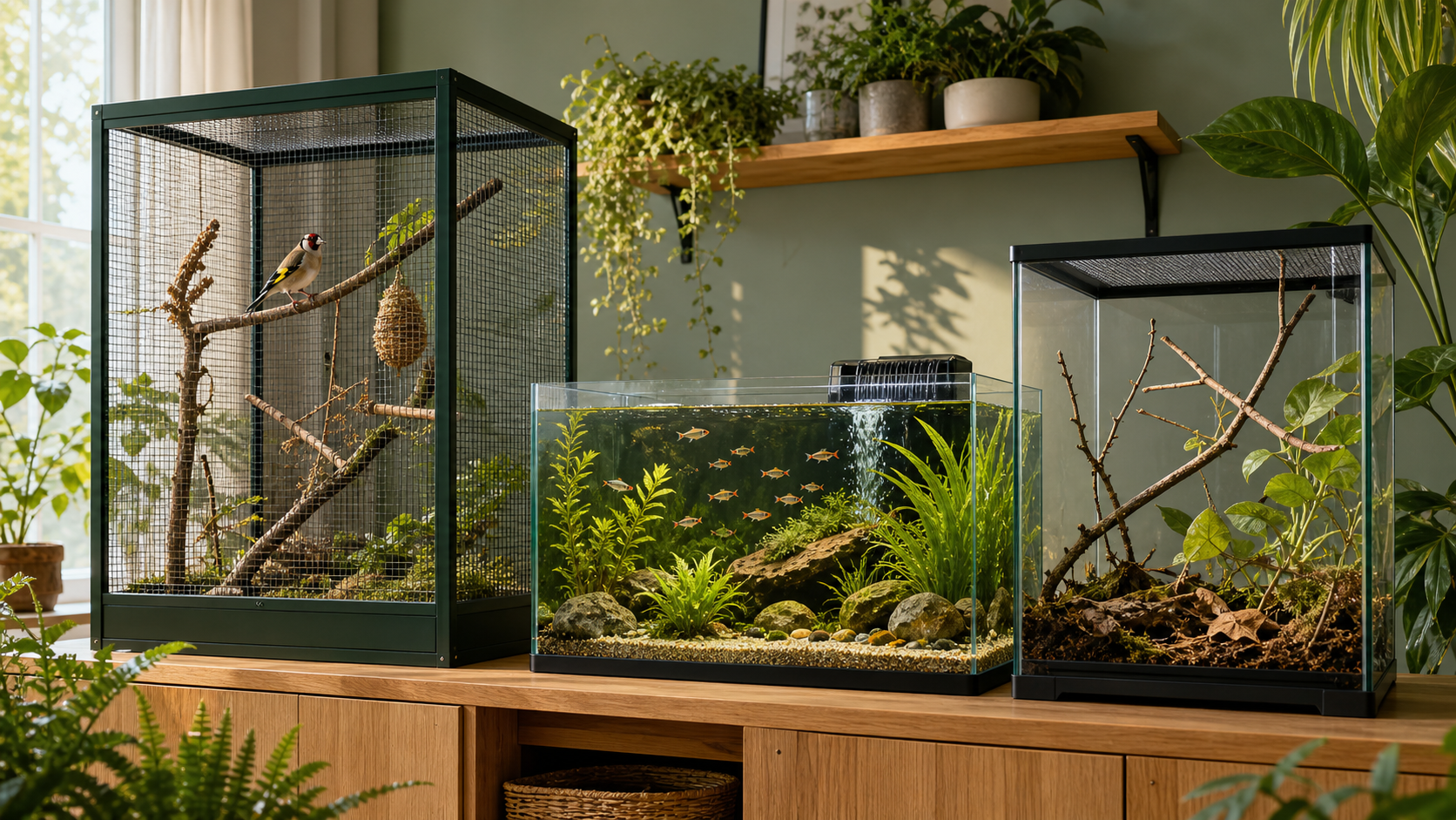 Separate home habitats for a finch, freshwater fish and a stick insect surrounded by living plants