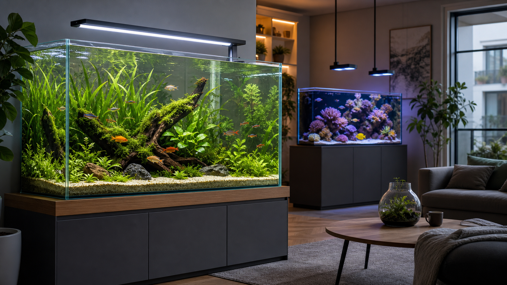 Large planted freshwater aquarium in a modern living room with a smaller reef tank in the background