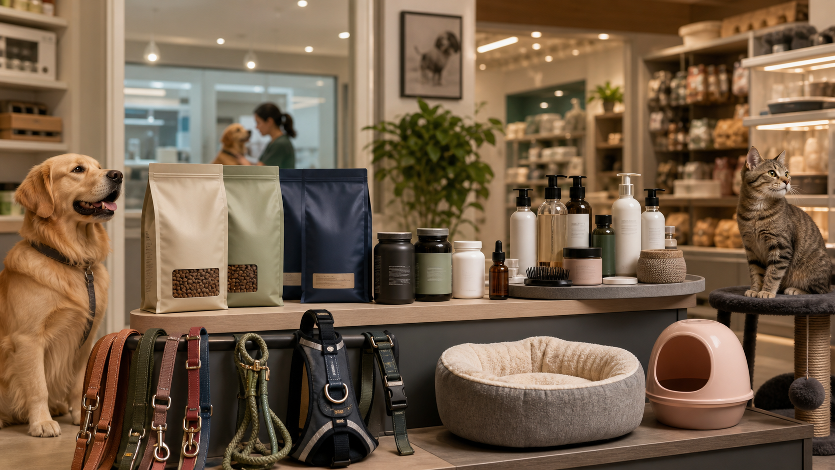 Dog and cat retail display with premium food, supplements, grooming products and pet accessories representing category shifts