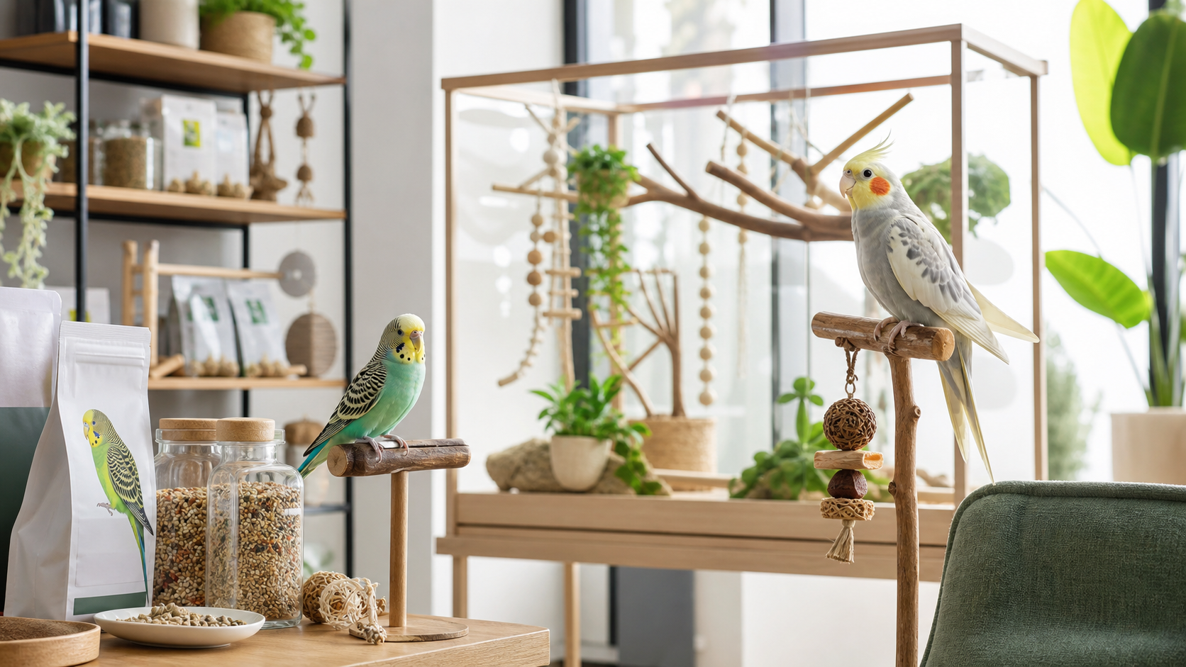Parakeet and cockatiel near a spacious premium bird habitat with seed and enrichment accessories