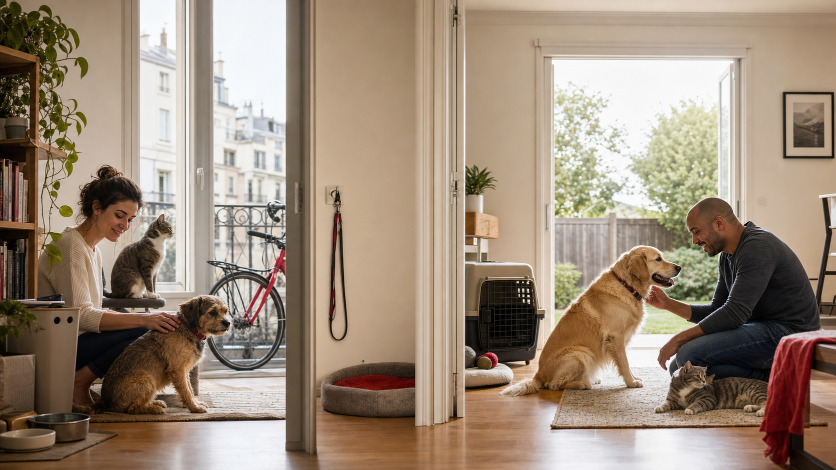European apartment and American suburban pet owners caring for cats and dogs at home